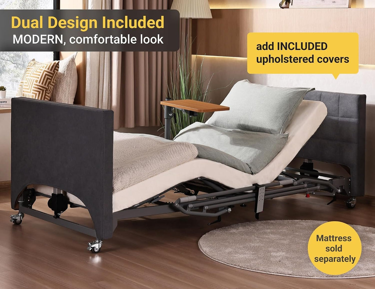 Electric Hospital Bed for Home Use – 5 Functions, Advanced German LIMOSS Motor, Double Solid Wood Panels with Upholstered Covers, Medical Overbed Table & Foldable Rails