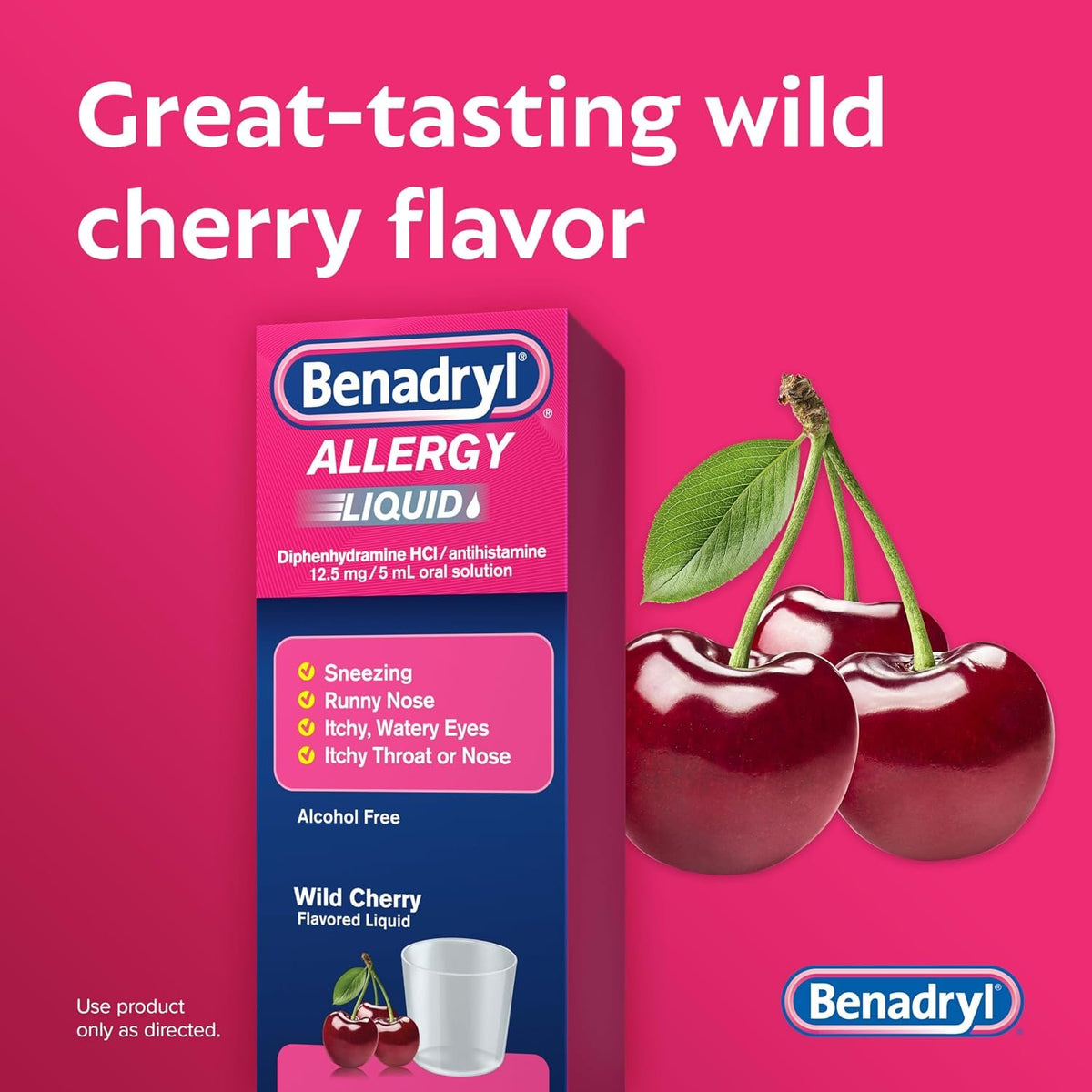 Benadryl Allergy Medicine Liquid, Diphenhydramine HCl, Wild Cherry, 4 fl oz | Antihistamines for Adults, Alcohol-Free, Hay Fever Allergy Relief for Sneezing, Runny Nose, Itchy & Watery Eyes