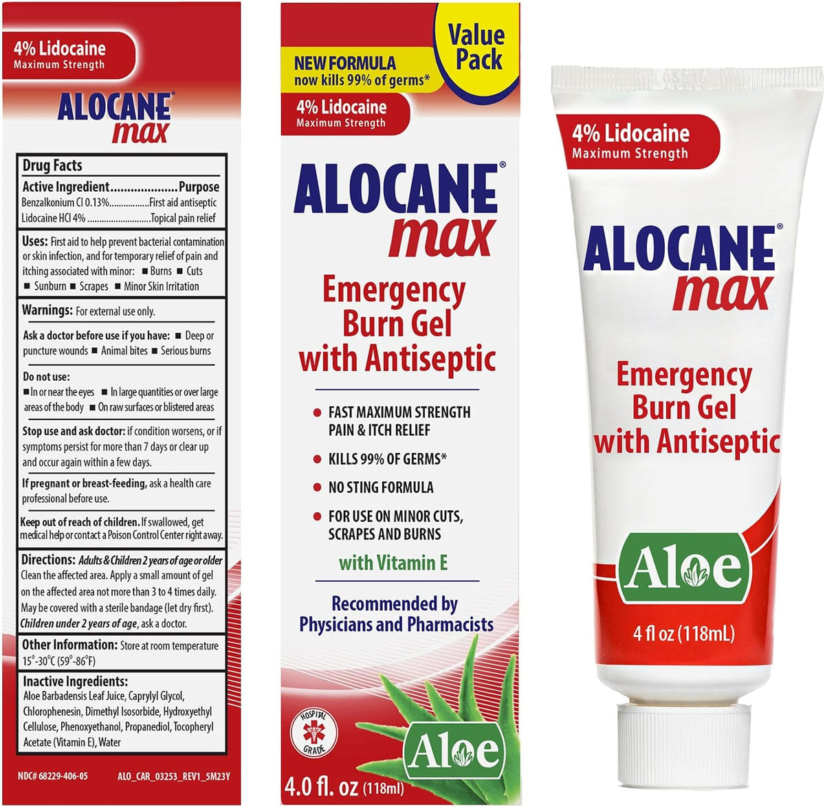 ALOCANE Max Maximum Strength Emergency Burn Gel With Lidocaine and Antiseptic, 4% Lidocaine, Fast Pain and Itch Relief, Sunburn Relief, Cuts, Scrapes, First Aid Burn Care, 4.0 Fluid Ounce