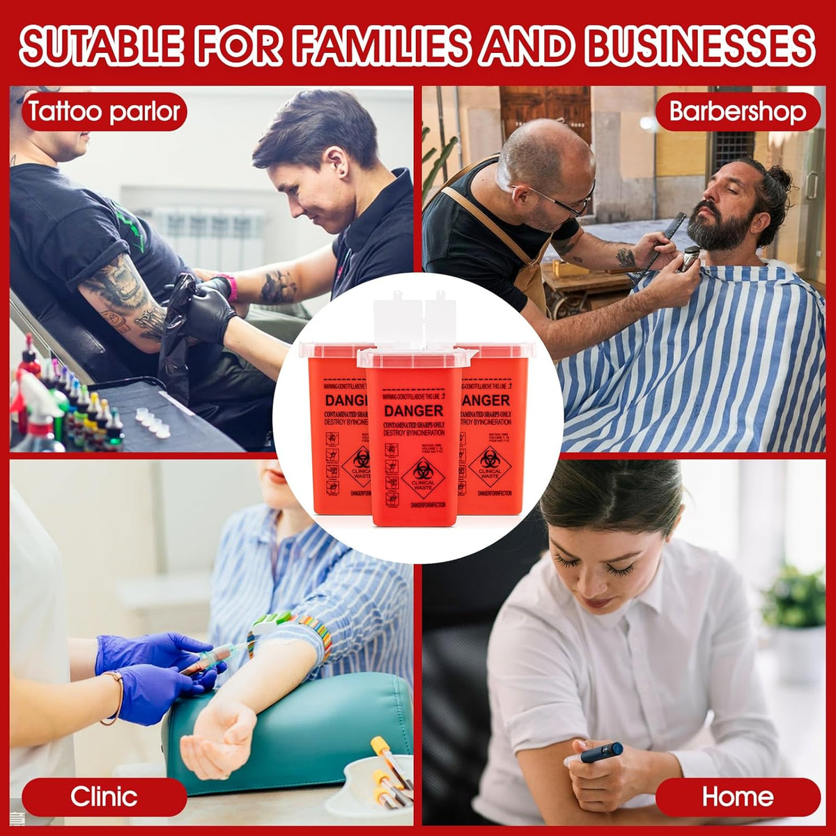 1 Quart (3-Pack) Sharps Container for Home Use, Needle Disposal Containers | Biohazard Containers, Syringe Disposal, Small Portable Container for Travel, Professional Sharp Waste Disposal Containers