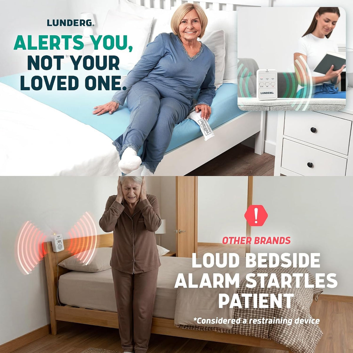 Lunderg Wireless Early Alert Bed Alarm System for Elderly & Fall Prevention | Alerts Caregivers Before They Get Up. No Loud In-Room Alarm To Frighten Your Loved One. Great For Dementia Care. US Company.