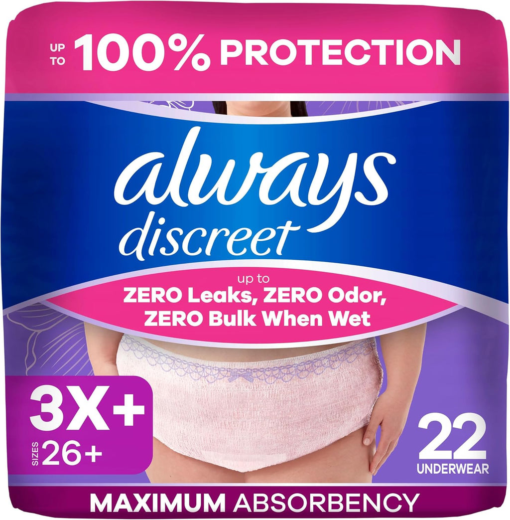 Always Discreet Reimagined Adult Diapers for Women, Maximum Absorbency Incontinence and Postpartum Underwear Size 3X+, Up to 100% Leak Free Bladder Leak Protection, 22 Count​