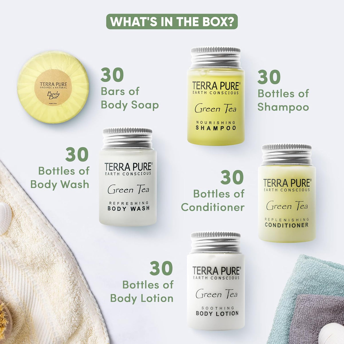 Terra Pure Hotel Toiletries, Shampoo & Conditioner Amenity Set, 150-Piece | Travel Size Guest Amenities, Hospitality Supplies, Hotels, Resorts, hotel room essentials, guest bathroom supplies, motels