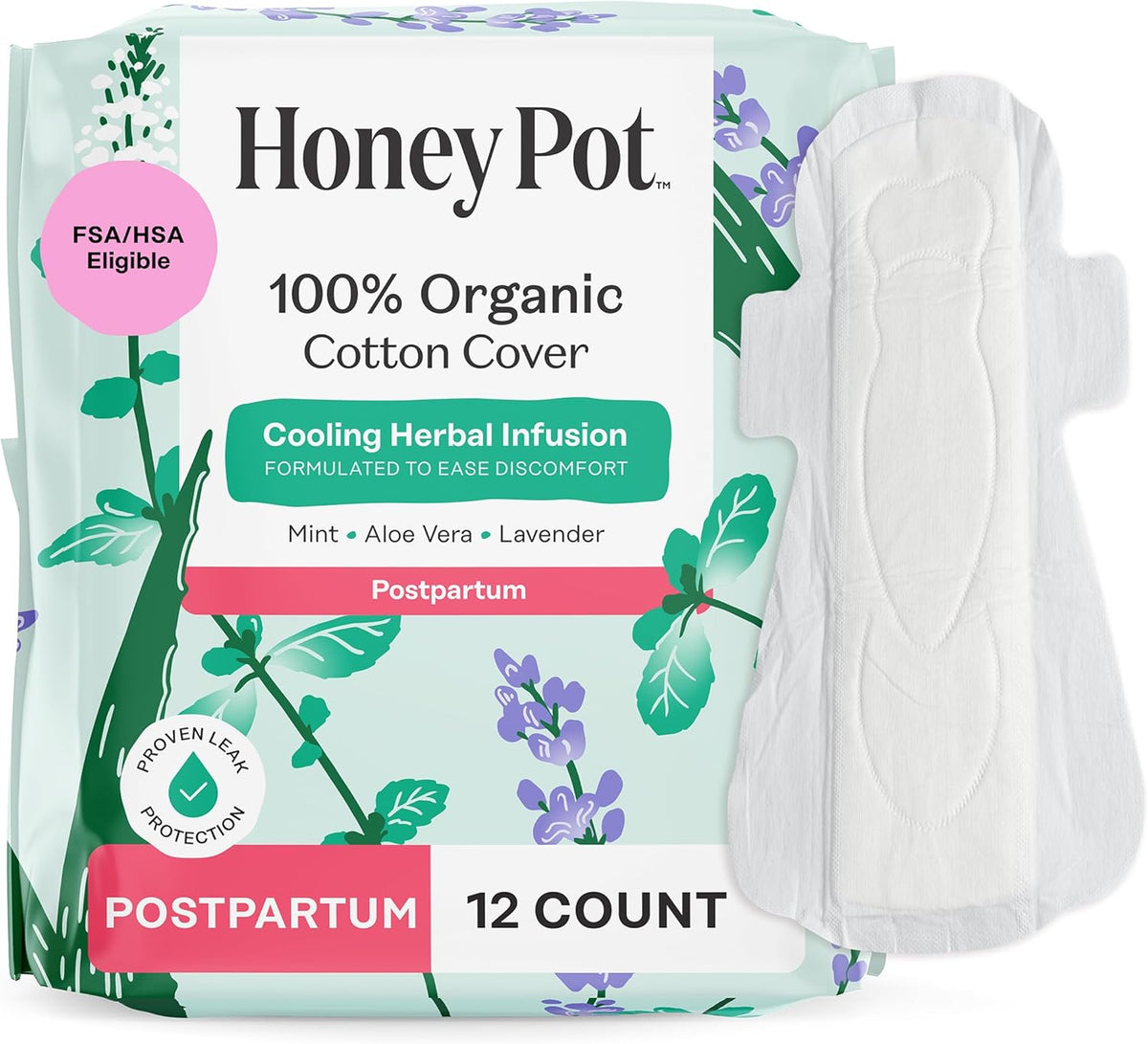 The Honey Pot Company - Herbal Postpartum Pads w/Wings - Infused w/Essential Oils for Cooling Effect, Organic Cotton Cover, & Ultra-Absorbent - Feminine Care - 12ct