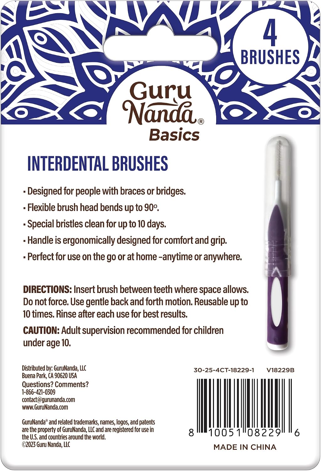 GuruNanda Interdental Brushes with Caps for Braces & Bridges, Mint, 4 ct