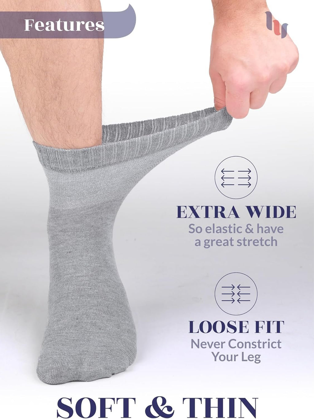 Hugh Ugoli Diabetic Socks for Men, Loose Ankle Socks, Rayon Derived from Bamboo, Extra-Wide, Thin, Seamless Toe, 4-8 Pairs