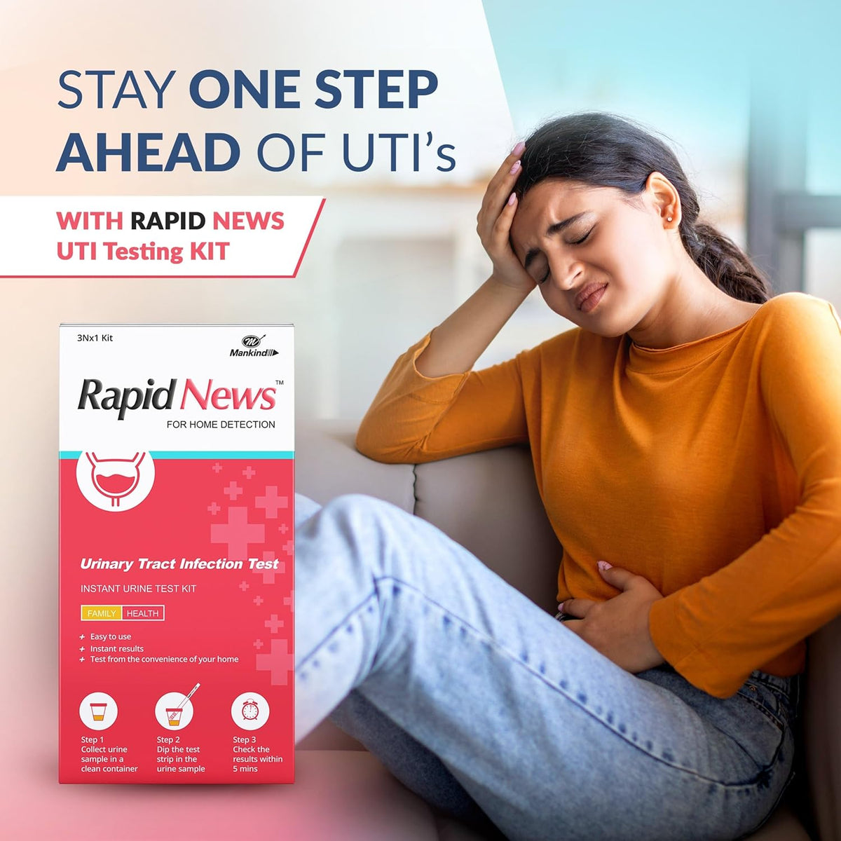 UTI Home Detection Test Kit By Mankind| Easy-to-Use Urine Infection Detection Test | Result in 5 Mins | Track Leukocytes, Nitrites