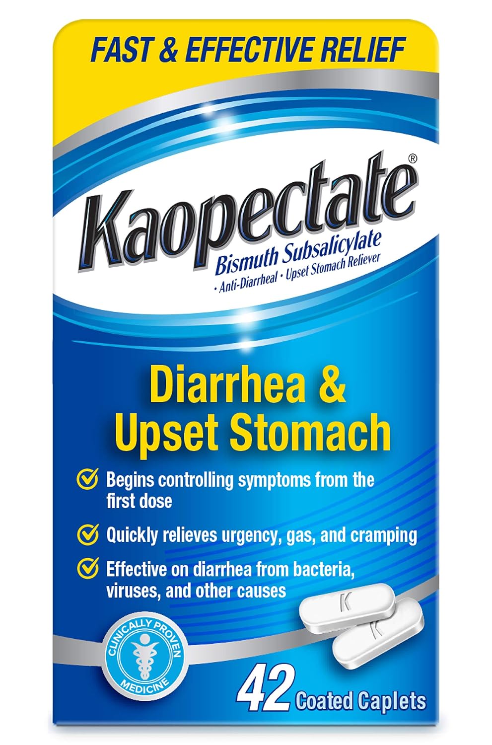 Kaopectate Multi-Symptom Anti-Diarrheal & Upset Stomach Reliever, 42 Caplet | Anti Diarrhea Caplets with Bismuth Subsalicylate