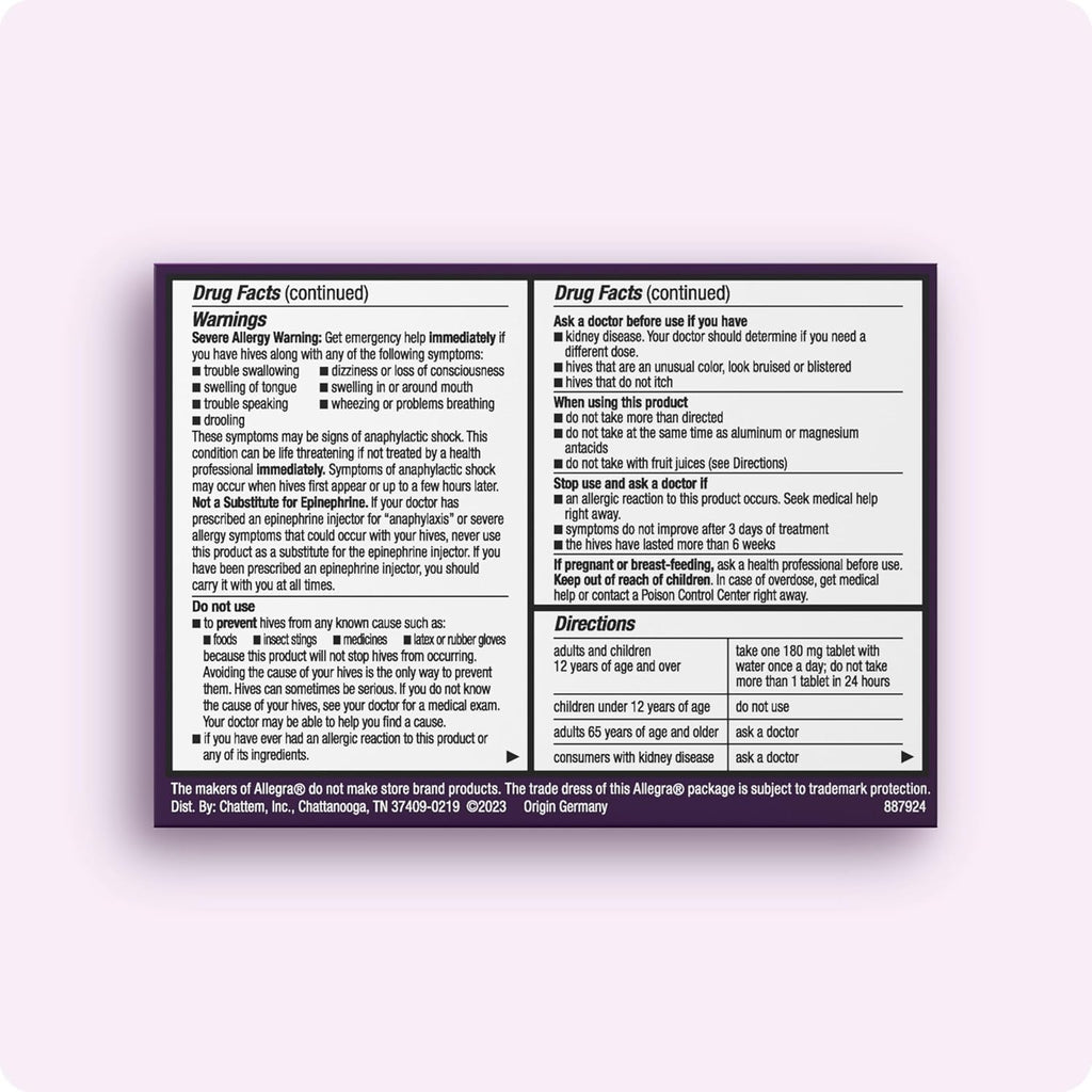 Allegra Adult Hives Antihistamine, Non-Drowsy, 24-Hour Tablets, 30-Count | Non-drowsy relief of itch due to hives medicine, 180 mg fexofenadine HCI pill, reduces hives when there are flare-ups