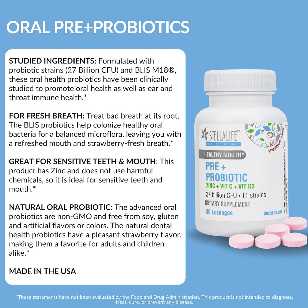 StellaLife Oral Prebiotic & Probiotic Lozenges for Teeth and Gums – 27B CFU, 11 Strains, Dental Probiotic for Bad Breath, Immune Support with VIT C, D3 & Zinc (Strawberry Flavor) 30 Day