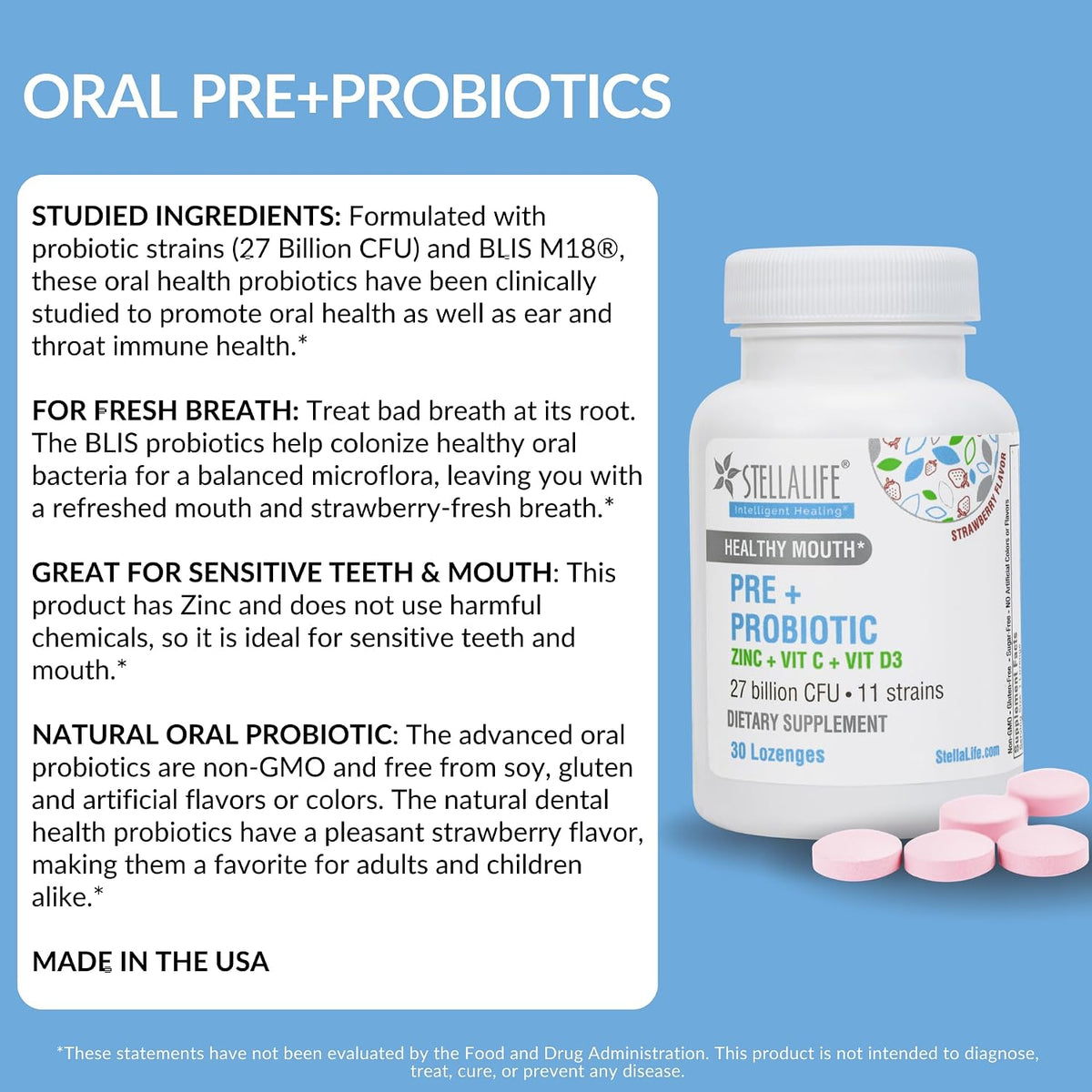 StellaLife Oral Prebiotic & Probiotic Lozenges for Teeth and Gums – 27B CFU, 11 Strains, Dental Probiotic for Bad Breath, Immune Support with VIT C, D3 & Zinc (Strawberry Flavor) 30 Day