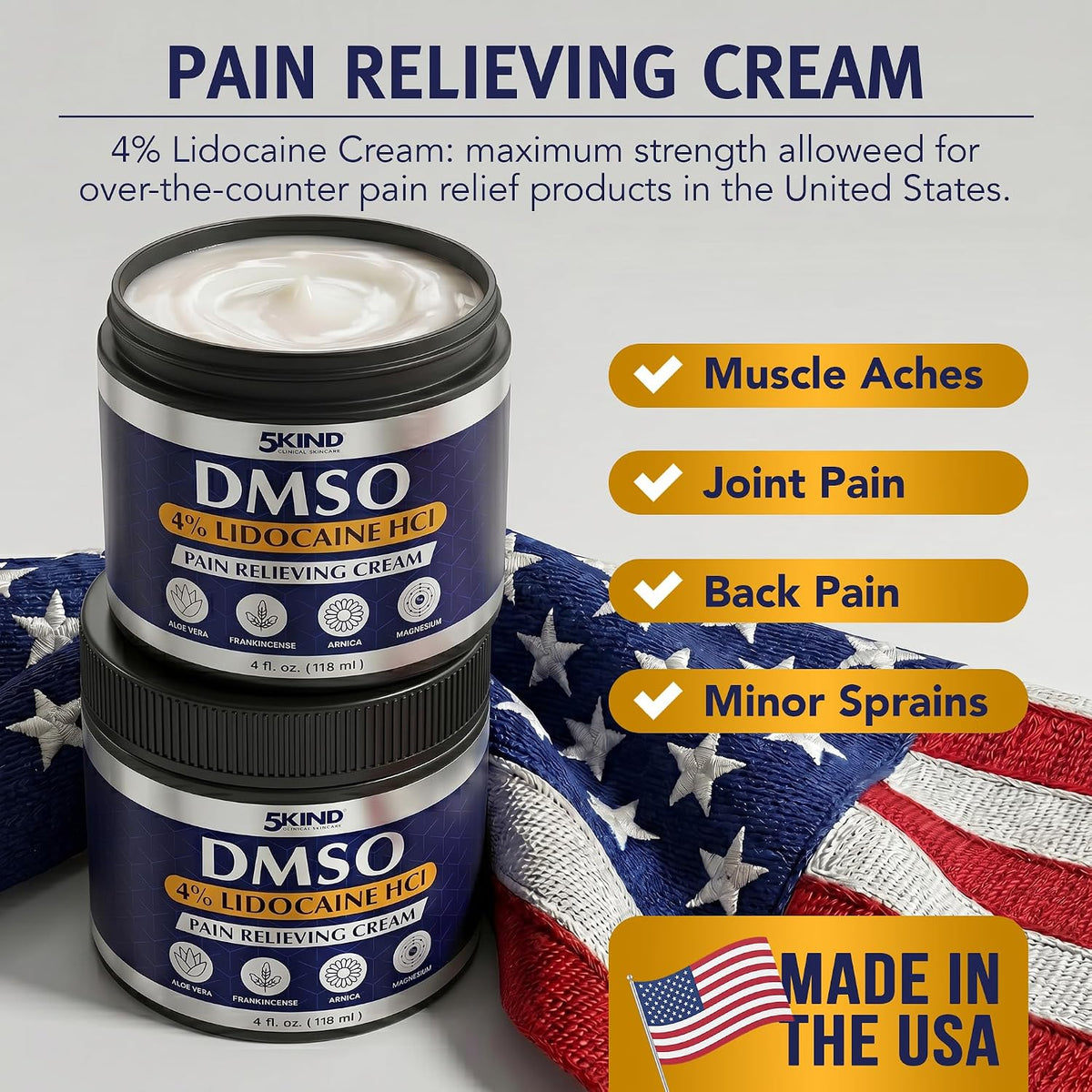 5Kind DMSO Cream with Lidocaine for Pain Relief 4 fl oz - 99.9% Pure DMSO Pharmaceutical Grade Cream - Lidocaine Cream with Aloe Vera, Magnesium, Arnica & Menthol - Registered NDC - Made in USA