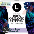 L. Ultra Thin Pads for Women, Organic Cotton Top Layer, Overnight Absorbency, Menstrual Pads with Wings, Made Without Synthetic Pesticides and Fragrances, 36 Count