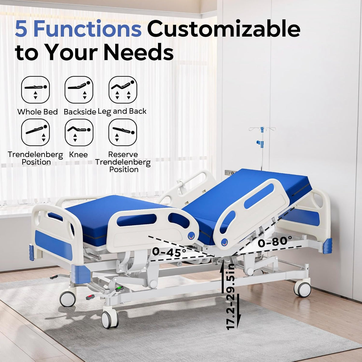 Premium Full Electric Hospital Bed for Home Use, 5 Function Medical Bed with 4.7” Foam Mattress, Height Adjustable, Central Locking System, Includes Sheets (2X)