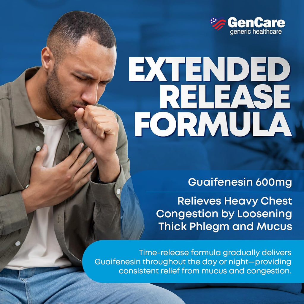GenCare Mucus Relief Guaifenesin 600mg Extended-Release, 100 Ct | Compares to Mucinex; 12-hour expectorant relief for chest congestion & cough, thins and loosens mucus fast