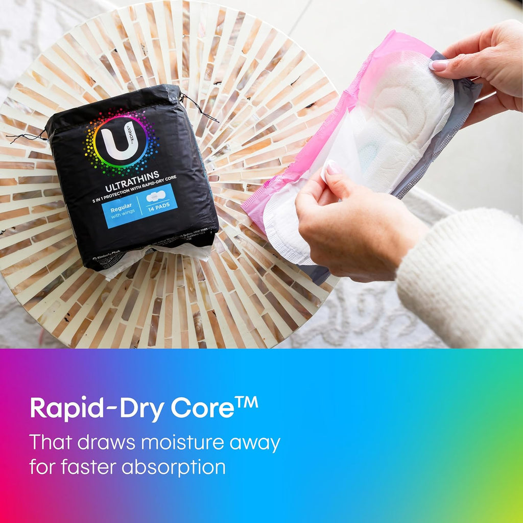 U BY KOTEX Ultrathin Pads Regular with Wings 84 Count (6 x 14 Pack) - Packaging May Vary