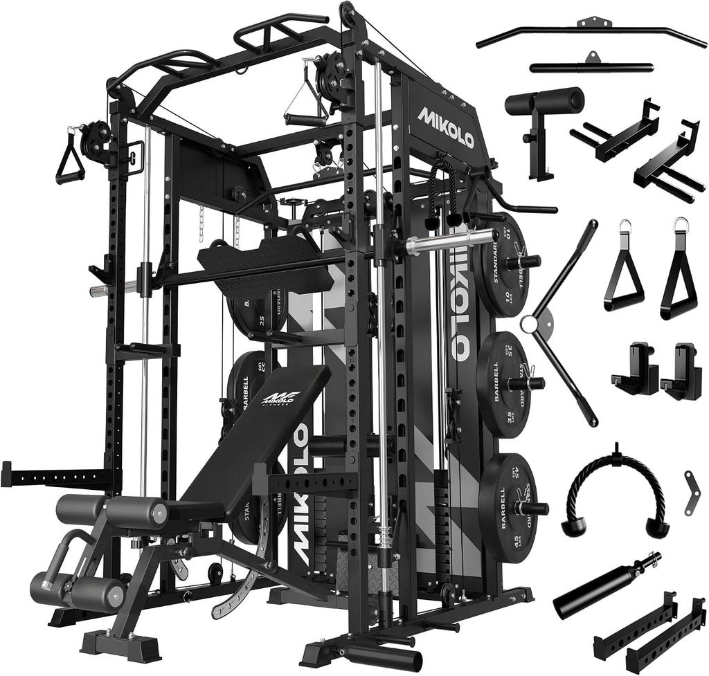 Mikolo Smith Machine with Weight Stack, Power Cage Home Gym System with LAT Pulldown & Cable Crossover, Multi-Functional Trainer with Dual Pulley System, Includes 10+ Free Attachments