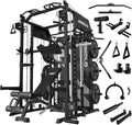 Mikolo Smith Machine with Weight Stack, Power Cage Home Gym System with LAT Pulldown & Cable Crossover, Multi-Functional Trainer with Dual Pulley System, Includes 10+ Free Attachments