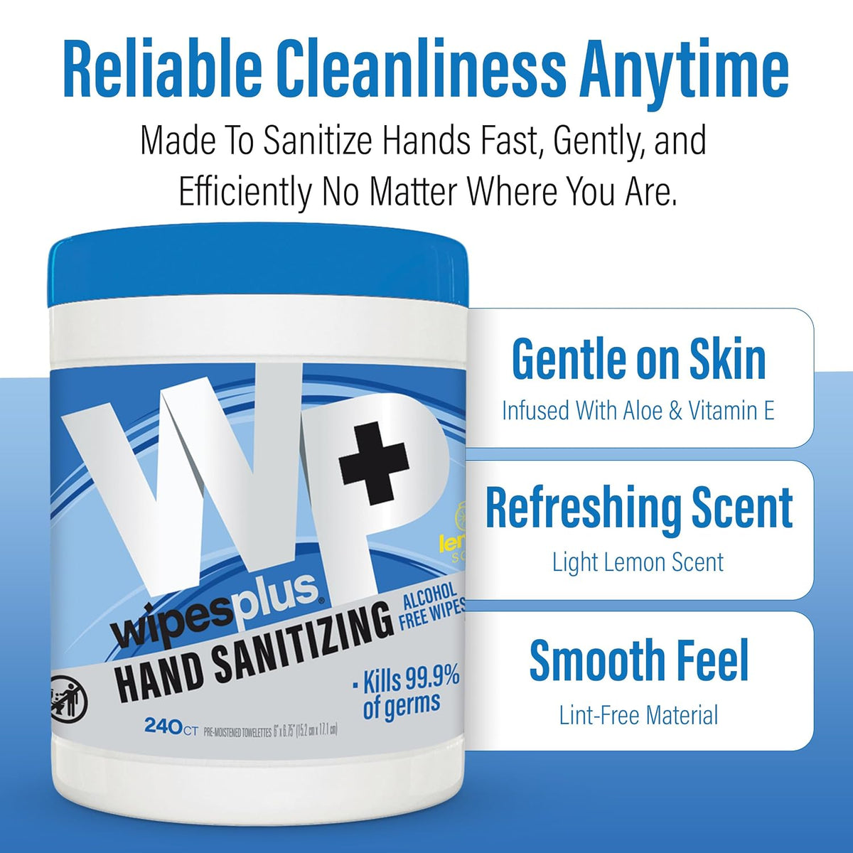 WIPESPLUS Hand Sanitizing Wipes Canister Alcohol Free for Home and Business, 240 Count