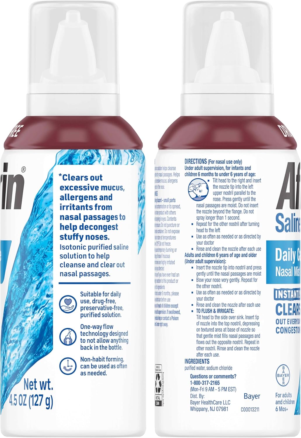 Afrin Saline Nasal Spray Twin Pack, 100% Drug Free, Saline Solution, Daily Care Nasal Spray for Everyday Congestion and Dry Nose, Easy Mist, 4.5 OZ (Pack of 2)