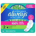 Always Ultra Thin Feminine Pads with Wings for Women, Size 2, Long Super Absorbency, Unscented, Up to 100% Leak-Free Protection, 58 Count