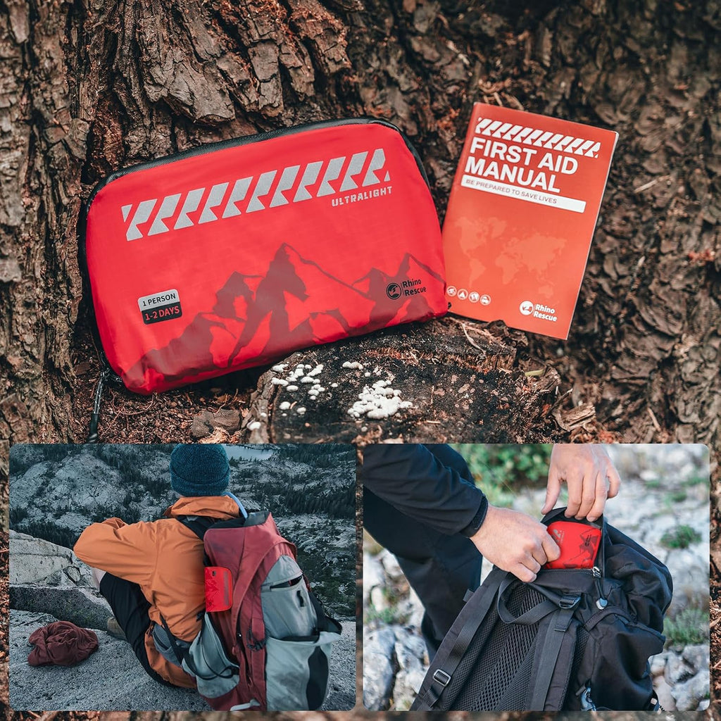RHINO RESCUE Small Ultralight First Aid Kit, Water-Resistent Medical Kit | Emergency Kit for Hiking, Backpacking, Cycling, Travel, Climbing, Personal Kit for Carry on or Small EDC Sling bag
