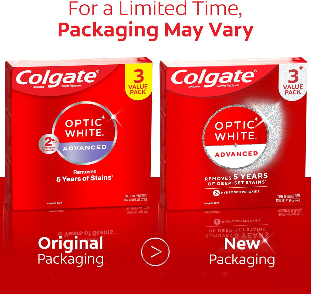 Colgate Optic White Advanced Hydrogen Peroxide Toothpaste, 3 Pack, 3.2 oz | Sparkling White, Teeth Whitening Toothpaste, Removes 5 Years of Deep-Set Coffee, Tea, and Wine Stains, Enamel Safe Formula