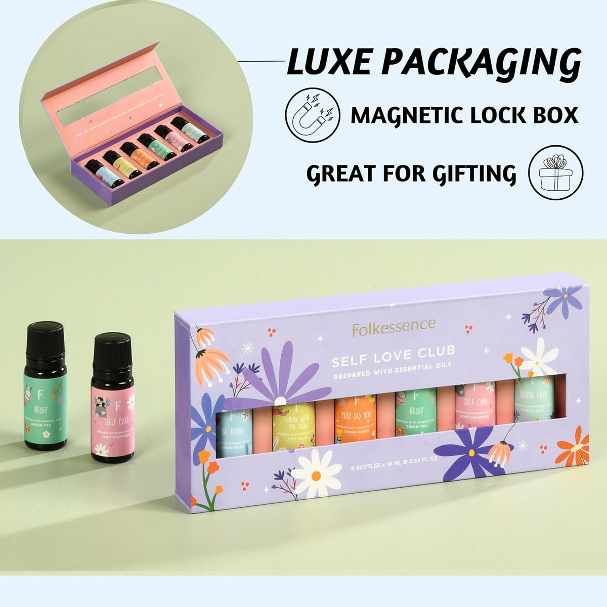 Folkulture Essential Oils Set | 6 Relaxing Fragrance Oils for Diffusers | Green Tea, Cashmere, Ocean Salt and More| Aromatherapy Gift Set for Her, Him | Self-Care Lovers | Self Love Club