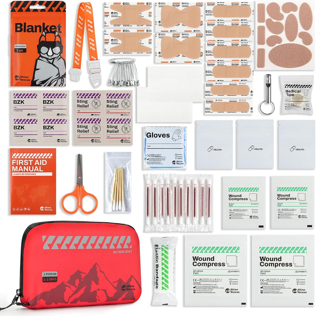 RHINO RESCUE Small Ultralight First Aid Kit, Water-Resistent Medical Kit | Emergency Kit for Hiking, Backpacking, Cycling, Travel, Climbing, Personal Kit for Carry on or Small EDC Sling bag