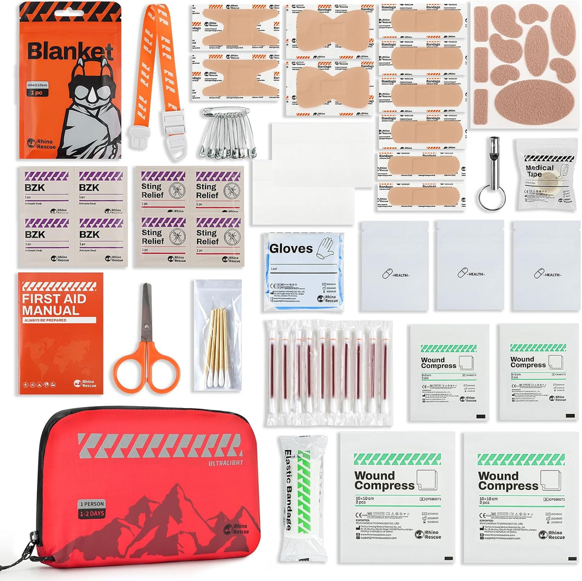 RHINO RESCUE Small Ultralight First Aid Kit, Water-Resistent Medical Kit | Emergency Kit for Hiking, Backpacking, Cycling, Travel, Climbing, Personal Kit for Carry on or Small EDC Sling bag