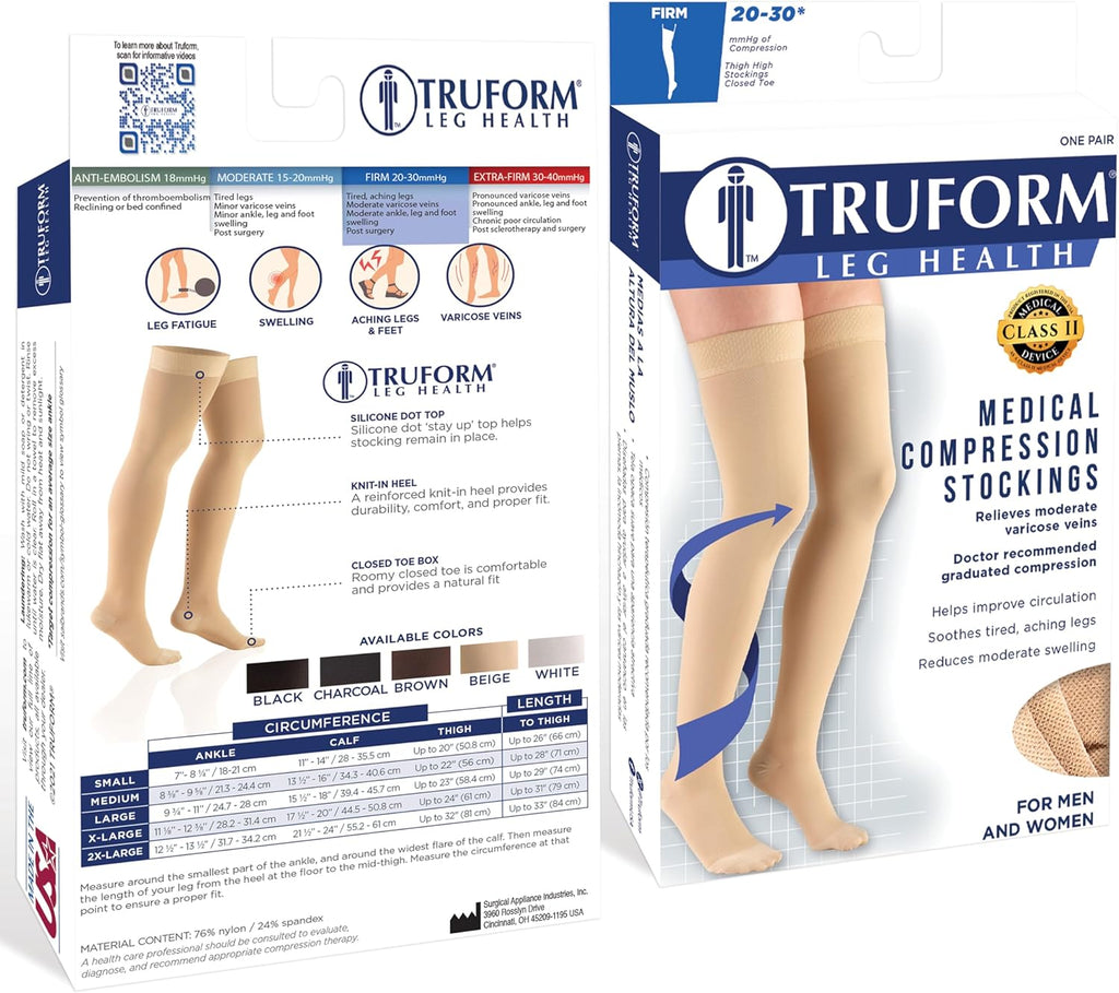 Truform 20-30 Mmhg Compression Stockings for Men & Women, Thigh High Length, Dot Top, Closed Toe, Beige, Medium