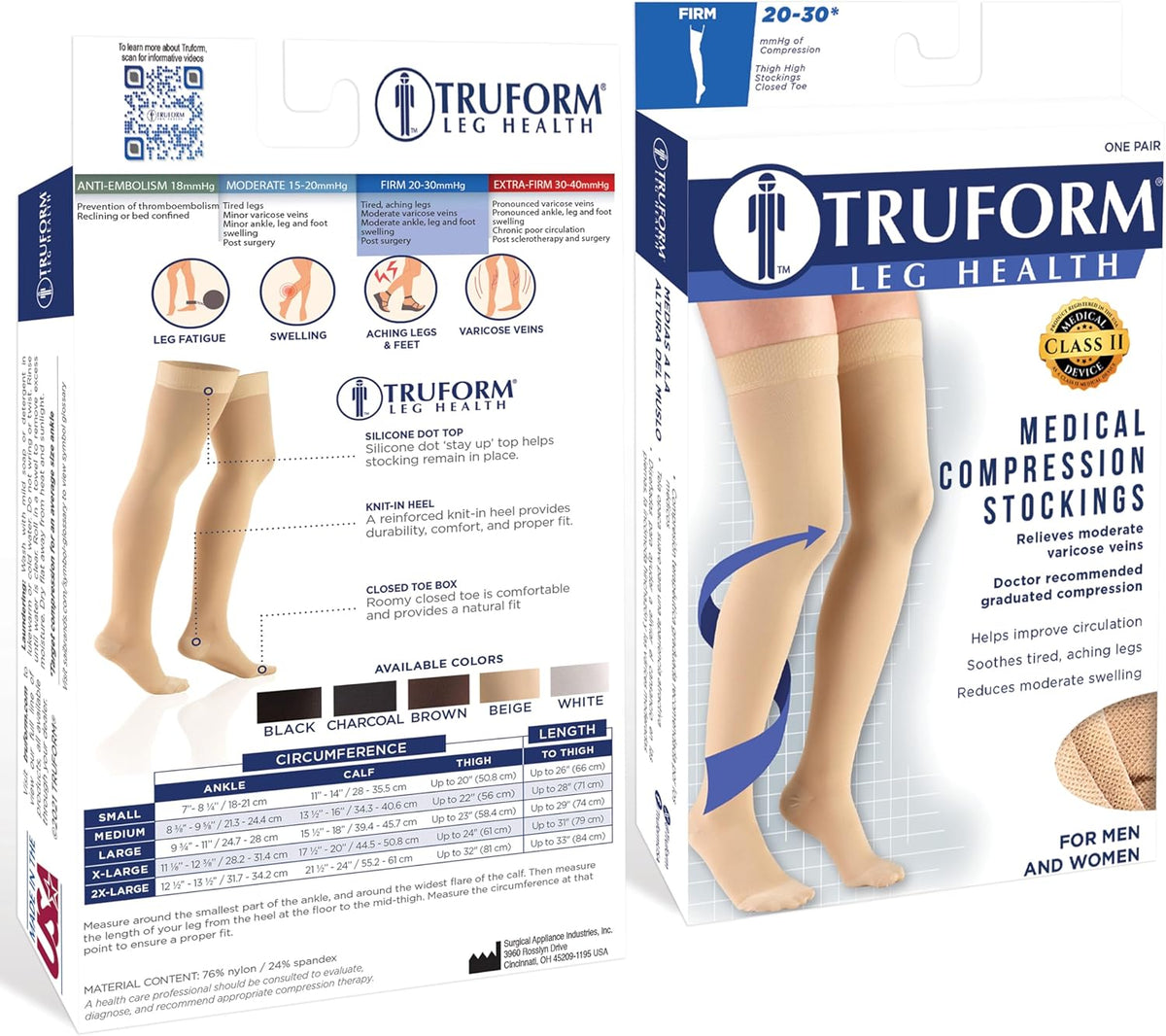 Truform 20-30 Mmhg Compression Stockings for Men & Women, Thigh High Length, Dot Top, Closed Toe, Beige, Medium