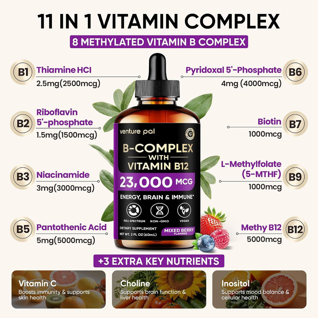 Vitamin B Complex 23000mcg - Methyl B12| B9 Folic|B7 Biotin,B1,B2,B3,B5,B6, | Vitamin B Complex Liquid Drops for Men & Women with Vitamin C, Choline & Inositol for Energy, Immune & Brain Support - 2Oz
