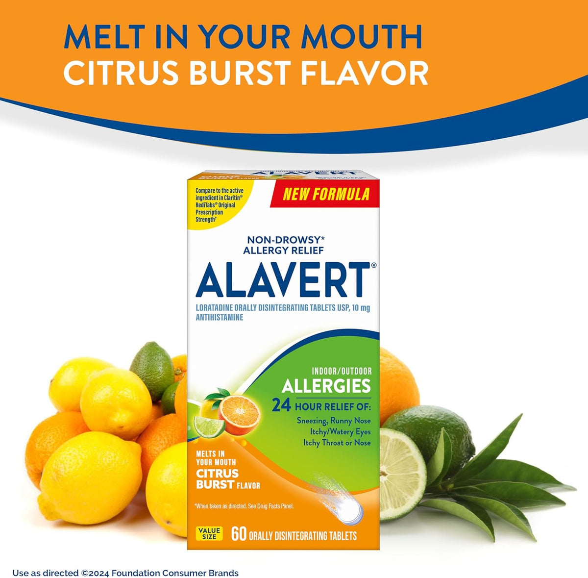 Alavert 24-Hour Allergy Relief, Non-Drowsy, Citrus Burst Flavor, 60 Tablets | Antihistamine providing 24-hour allergy relief, Loratadine 10mg, easy to take, no water needed, orally disintegrating tablets