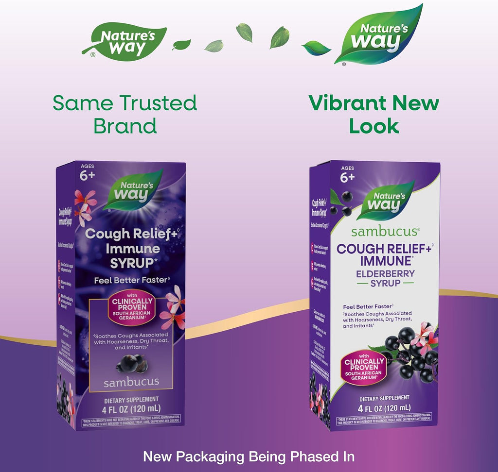Nature's Way Sambucus Cough Relief +(1) Immune* Syrup, Vegan, 4 fl oz | Feel Better Faster(1) Clinically Proven South African Geranium, with Elderberry Extract, Vitamin C & Zinc