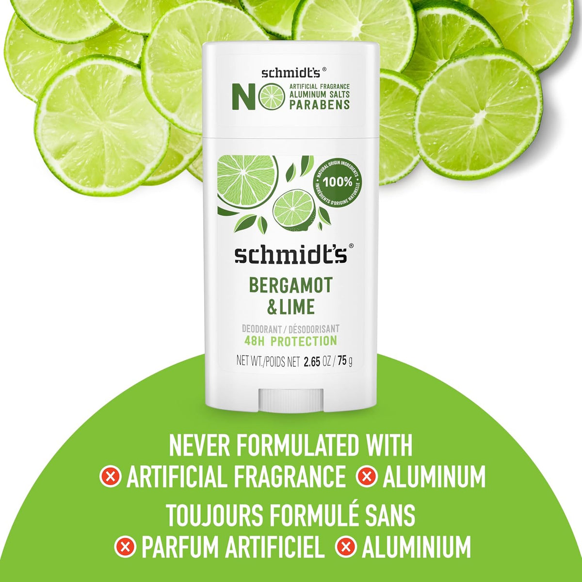 Schmidt's Aluminum-Free Vegan Deodorant Bergamot & Lime for Women and Men, with 24 Hour Odor Protection, Natural Ingredients, Cruelty-Free, 2.65 oz