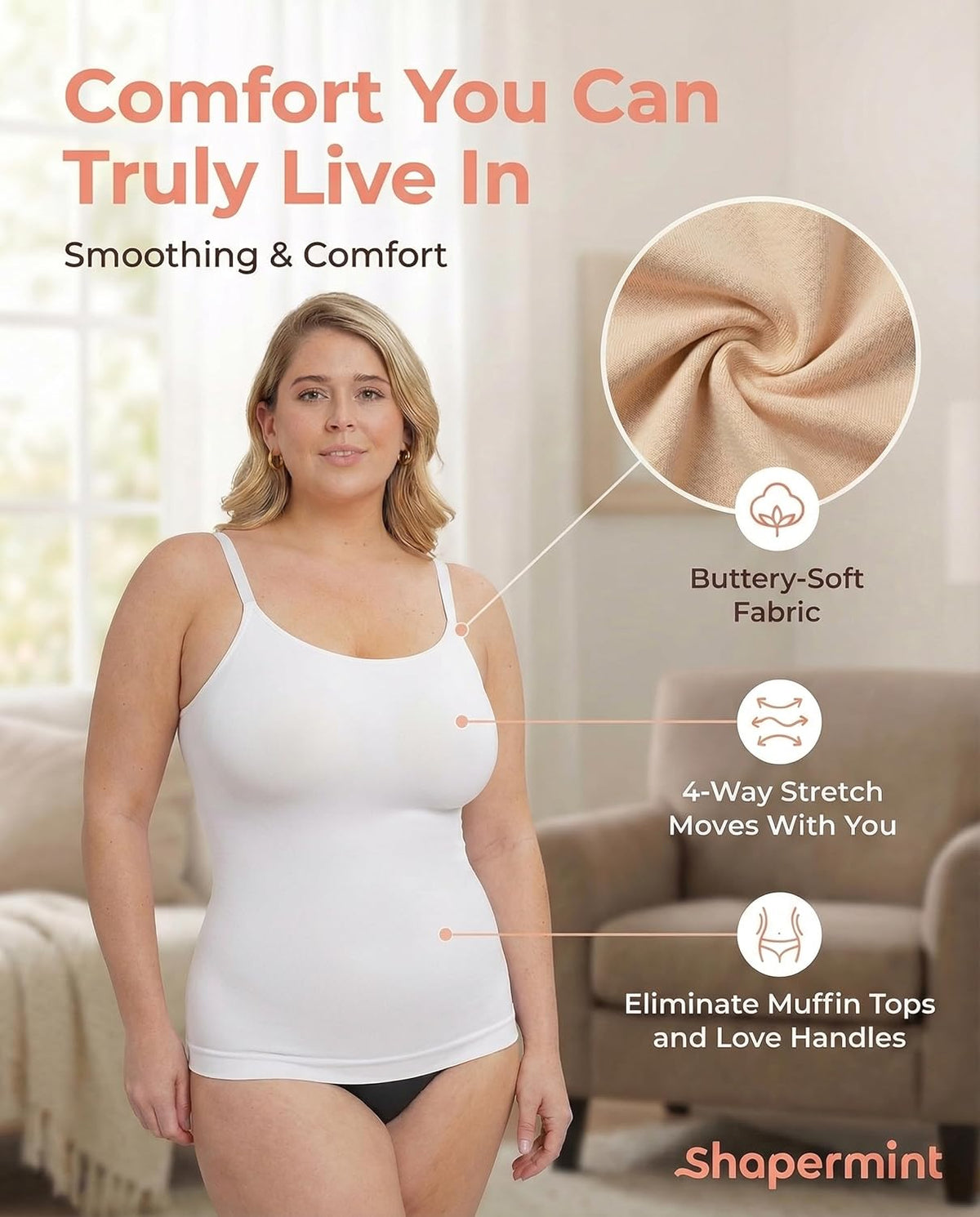 SHAPERMINT Scoop Neck Cami - Compression Camisole for Women - Shapewear for Women
