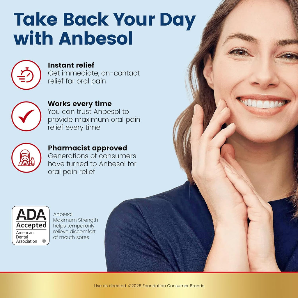 Anbesol Maximum Strength Gel Oral Pain Reliever, 0.33 oz | Instant oral pain relief from toothaches, gum pain and braces pain, canker sore treatment, 20% benzocaine, ADA accepted