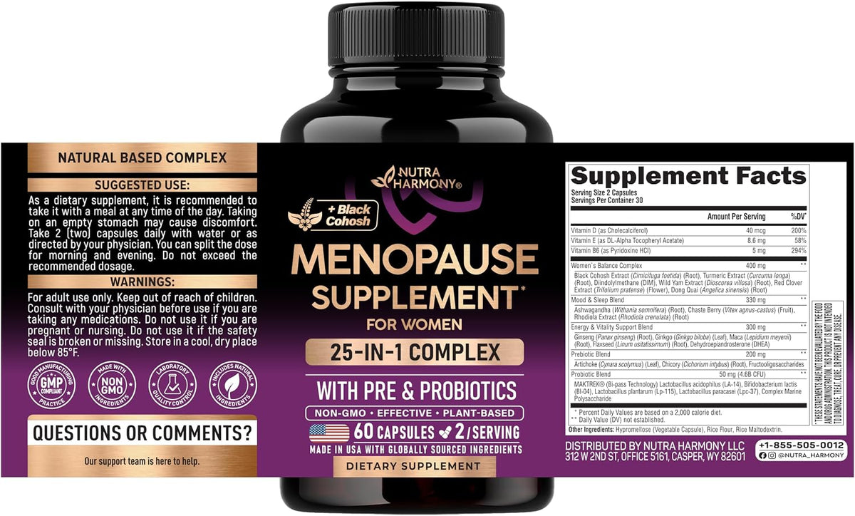 Menopause Supplements for Women - Black Cohosh, Pre & Probiotics - 60 Caps