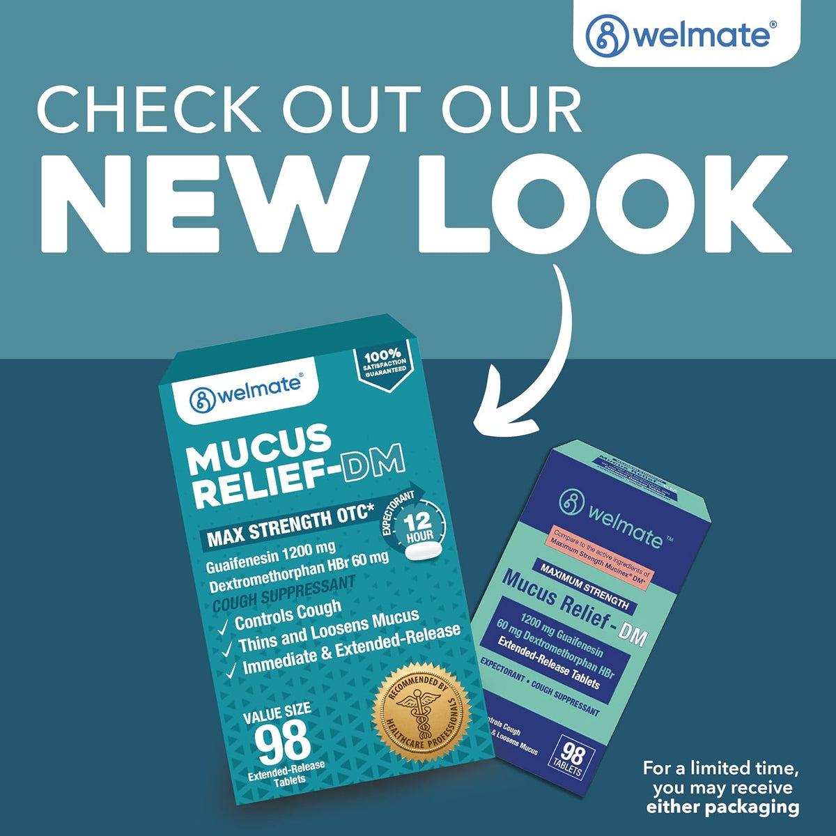 WELMATE Max Strength 12Hr Mucus Relief DM Cough Suppressant, 98 Tablets