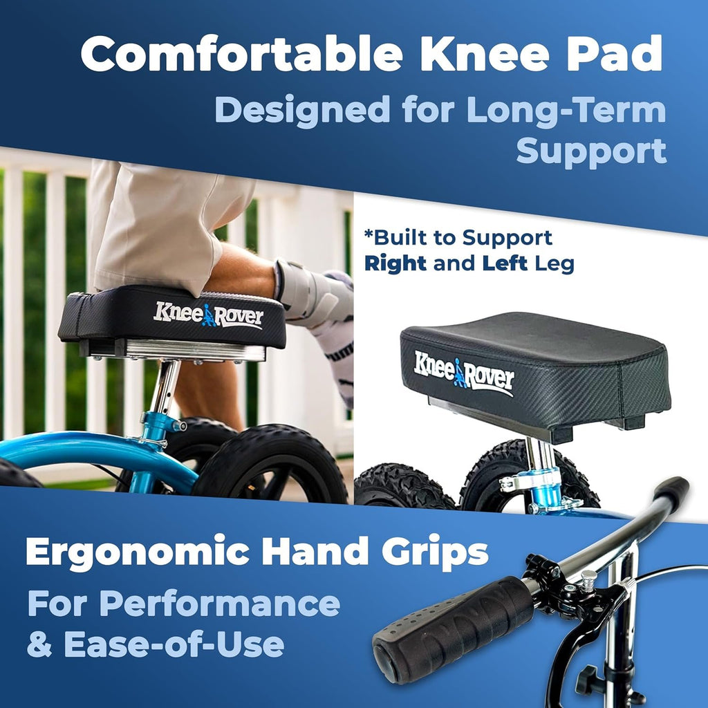 KneeRover Quad All Terrain Knee Scooter for Adults, Metallic Blue | Four Pneumatic Wheels, Heavy Duty Knee Walker For Foot Surgery, Broken Ankle Foot Injuries Recovery, Knee Crutch Alternative