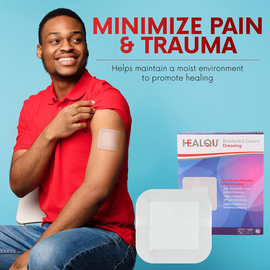 HEALQU Island Dressing - 4"x4", 30 Count - Bordered Gauze Sterile Individually Wrapped Gauze Pads, Water-Resistant, Non-Woven Backing - Soft and Breathable Wound Dressing for First Aid and Medical