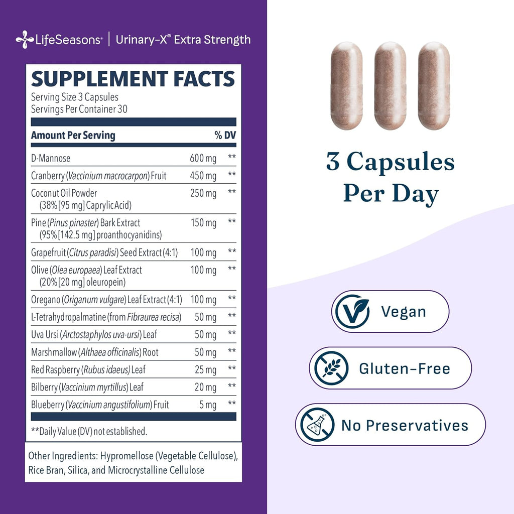 Urinari-X Extra Strength with Enhanced Comfort - Urinary Tract Support - Fast UTI Relief - Vitamin Supplement for Bladder Function - D-Mannose, Cranberry, Pinebark, Uva Ursi & Grapefruit - 90 Capsules