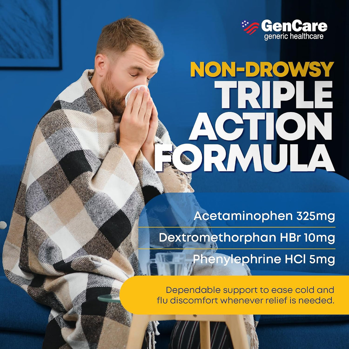GenCare Daytime Cold & Flu Relief, Non-Drowsy Multi-Symptom, 48 Ct | Compares to DayQuil; relieves fever, cough, congestion & body aches, non-drowsy, severe cold flu