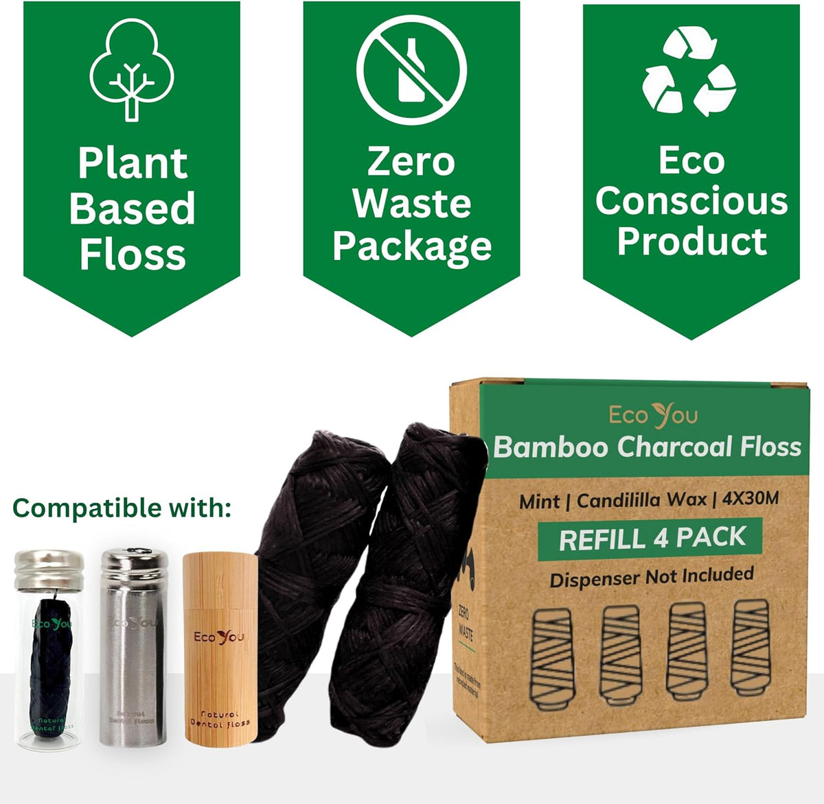 Bamboo Charcoal Dental Floss | Mint & Candelilla Wax | Vegan & Biodegradable (4 Refills Pack) | Pfas Free