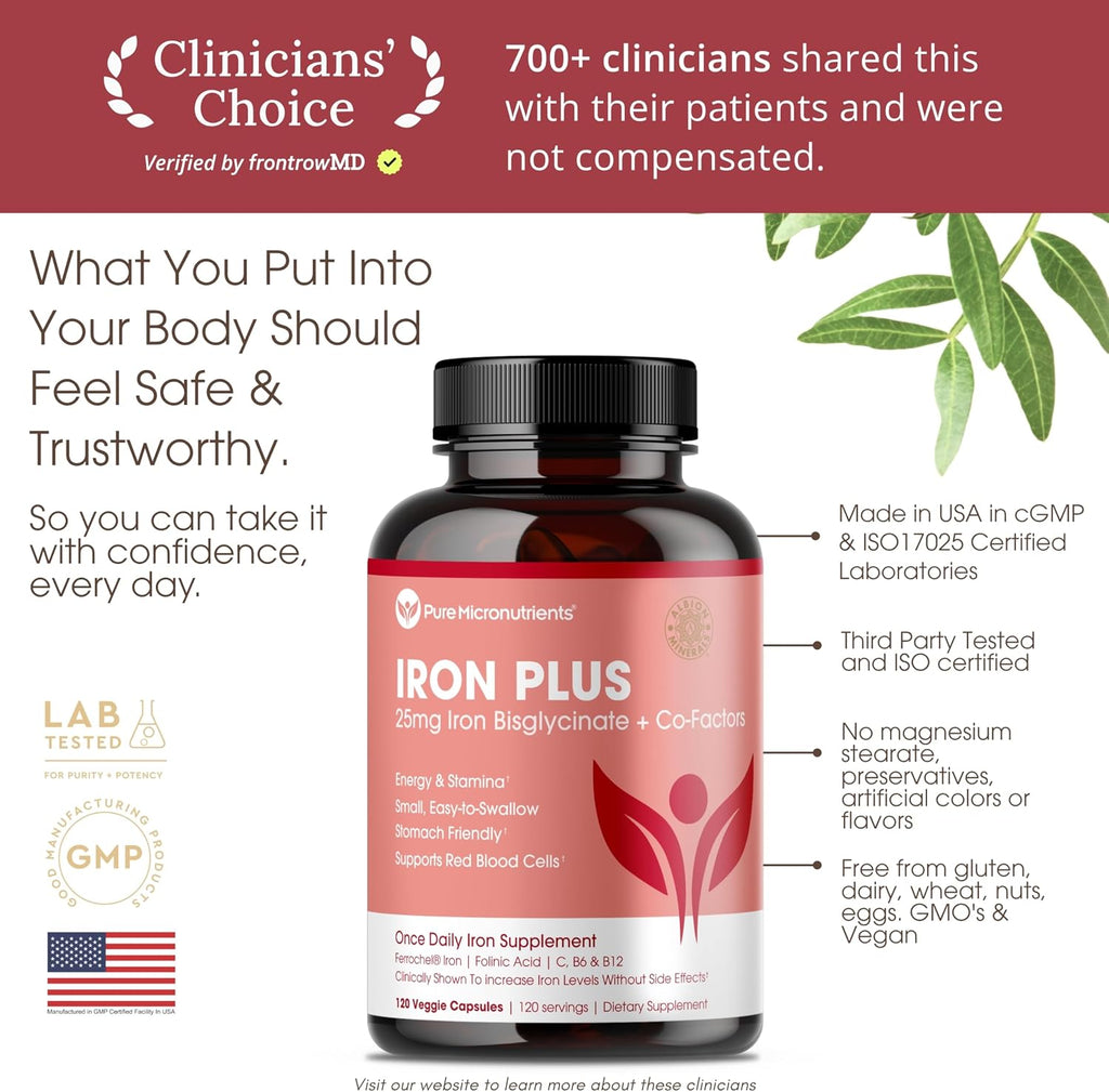 Iron Supplement for Women, Gentle Iron Bisglycinate 25mg, 120 Count | With vitamin C, B6, B12 & folic acid; supports iron deficiency, menstrual health & energy; gentle on the stomach