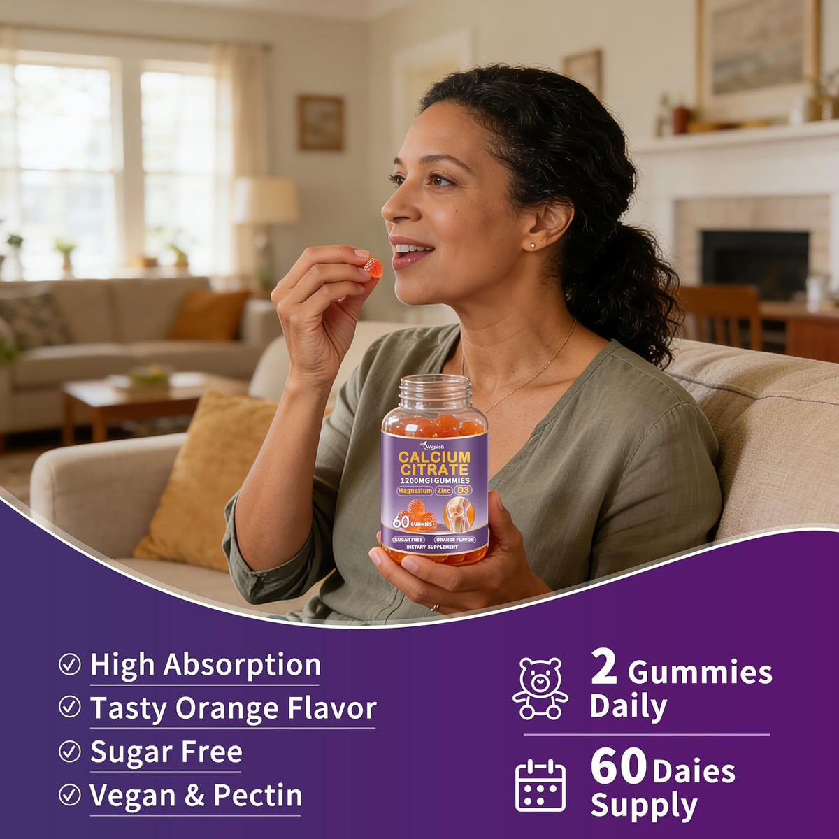 (3 Pack) Calcium Citrate 1200 mg for Women,Calcium Magnesium Zinc Vitamin D3 Gummies,High Absorption Calcium Chews Supplement for Bone,Teeth and Muscle Healthy,Sugar Free,Vegan,Non-GMO,Orange Flavor