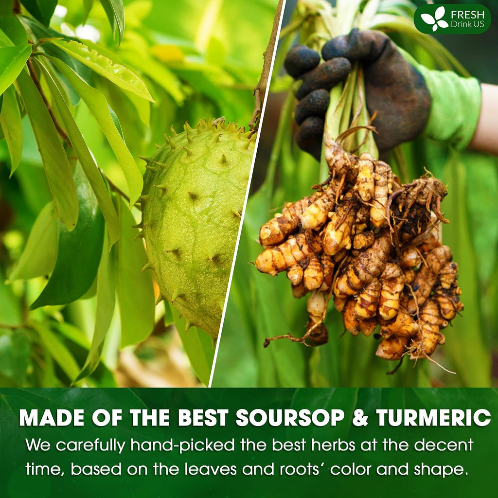 FreshDrinkUS, Premium 60 Soursop Turmeric Tea Bags, 100% Natural, Blend of Soursop Leaves, and Turmeric Root. No Sugar, Vegan.