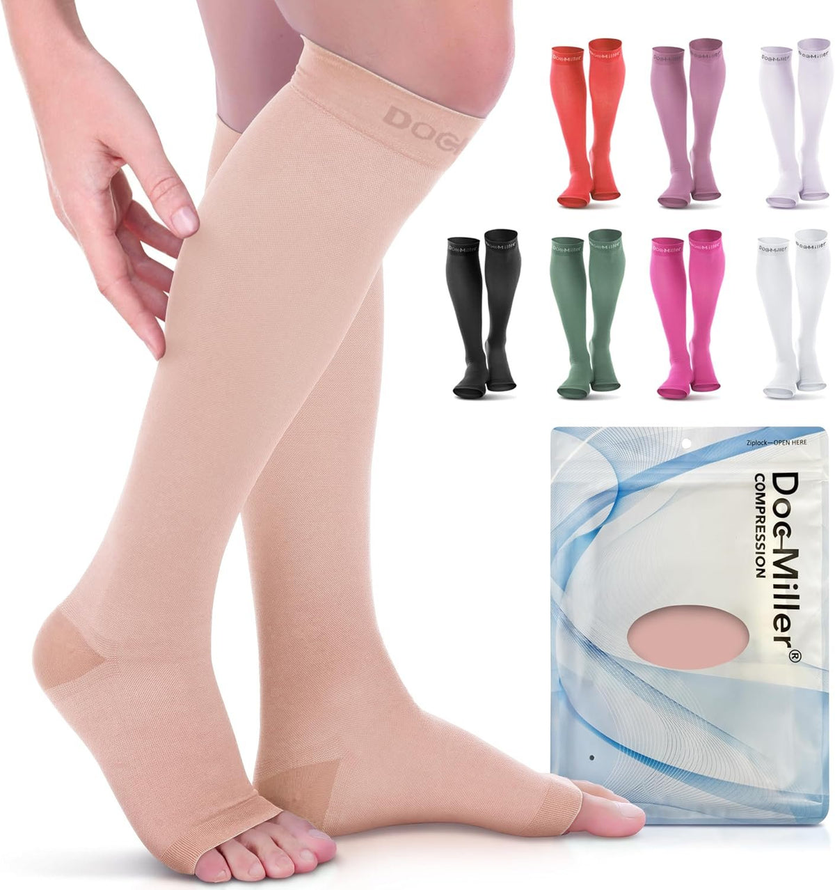 Doc Miller Open Toe Compression Socks, 20-30 mmHg, Knee High, Men & Women | Toeless Compression Sleeves, Knee-High Stockings: Shin Splints, Varicose Veins, Travel, Calf Support & Muscle Recovery, Pair
