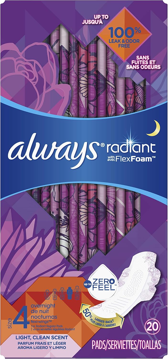 ALWAYS Radiant, Size 4, Overnight Sanitary Pads With Wings, Scented, 20 Count
